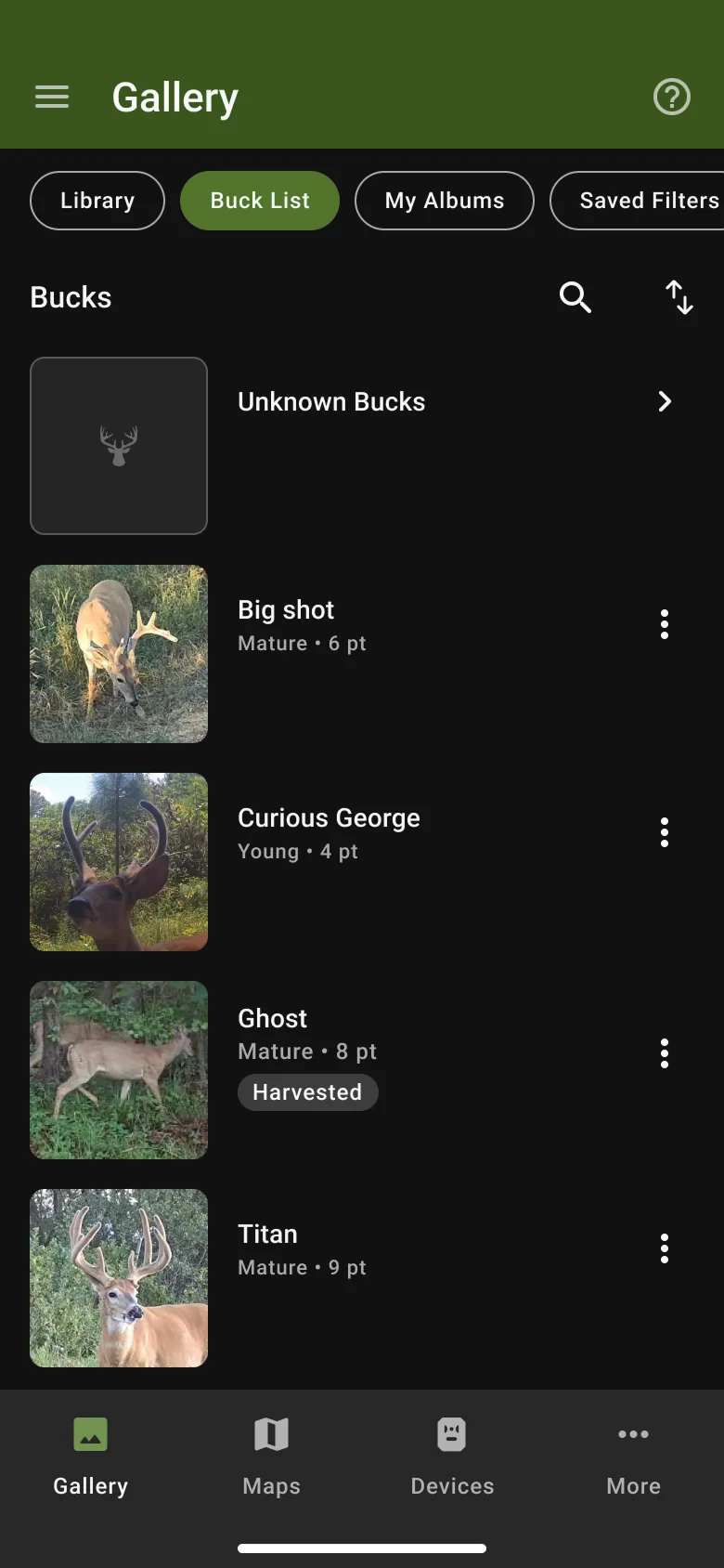 Buck List tab in the Moultrie app gallery, showing a list of named buck profiles
