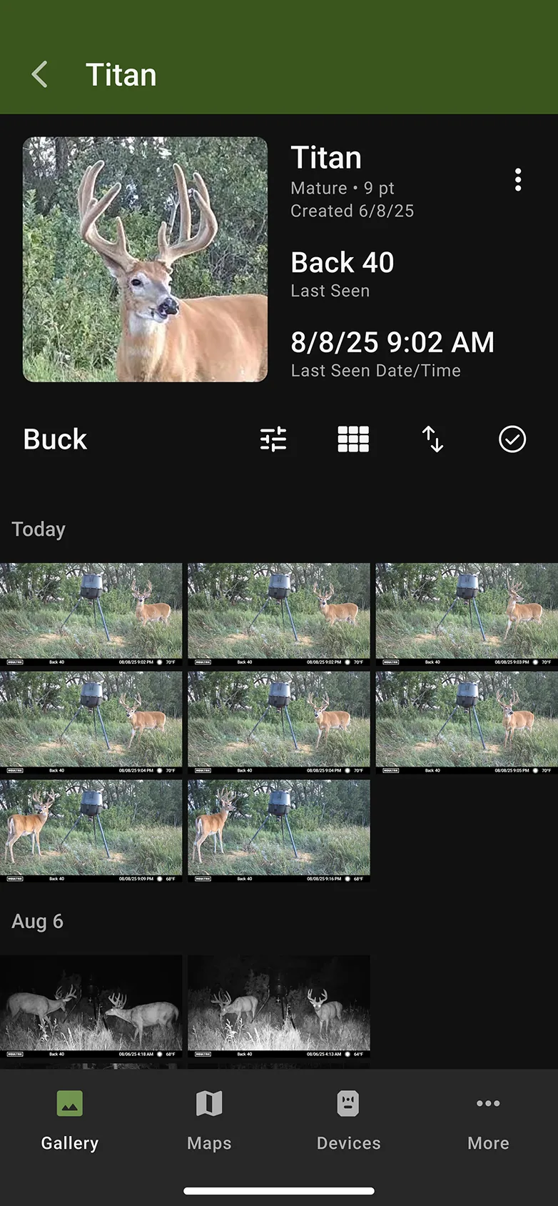 A buck profile screen showing last-seen time and location above a grid of tagged images