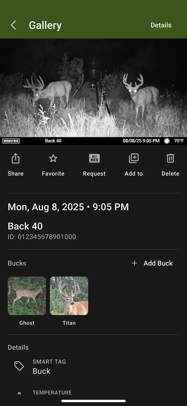 Image detail view showing an image tagged to two buck profiles, Ghost and Titan