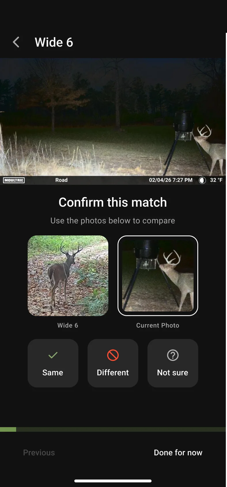 Confirm this match screen with the current photo selected in full, alongside a thumbnail of the profile photo