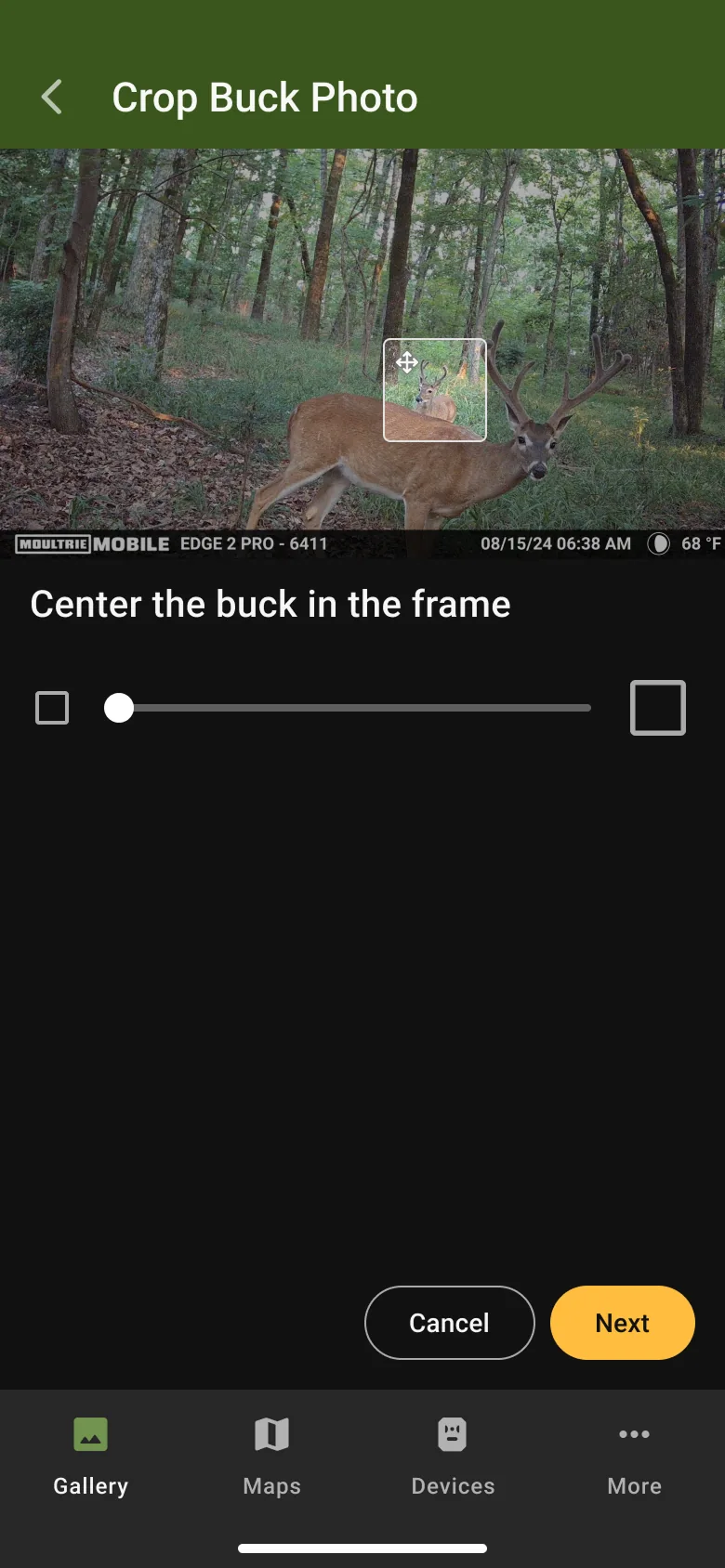 Crop Buck Photo screen with a resizable frame over a trail camera image and a slider to adjust the crop area