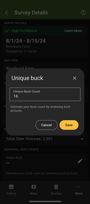 2nd screen in Deer Survey mobile manual buck count flow