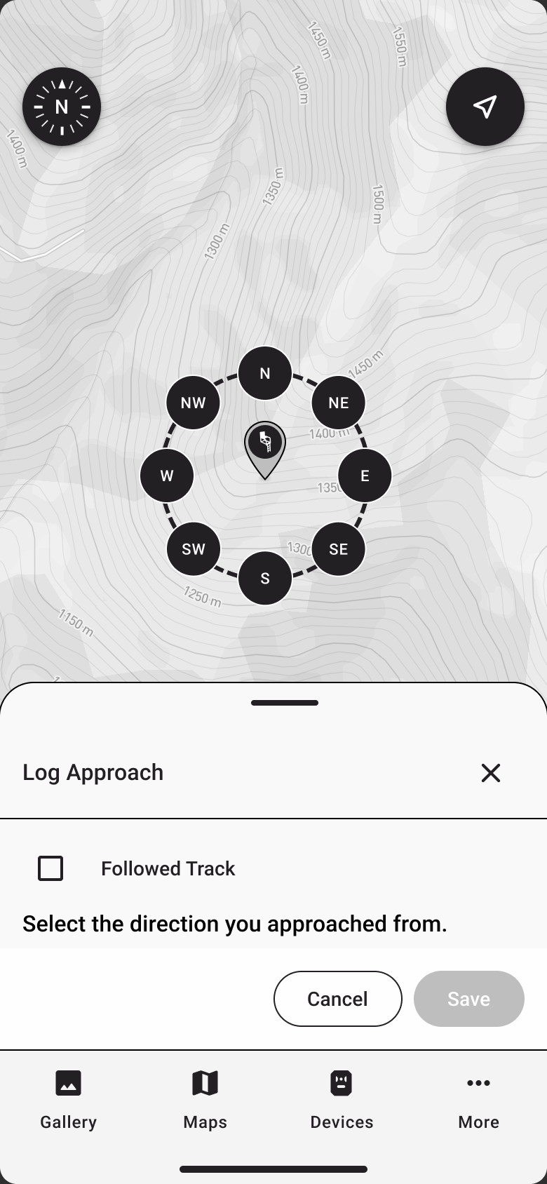 Log Approach step with a compass of wind directions around the stand pin on the map