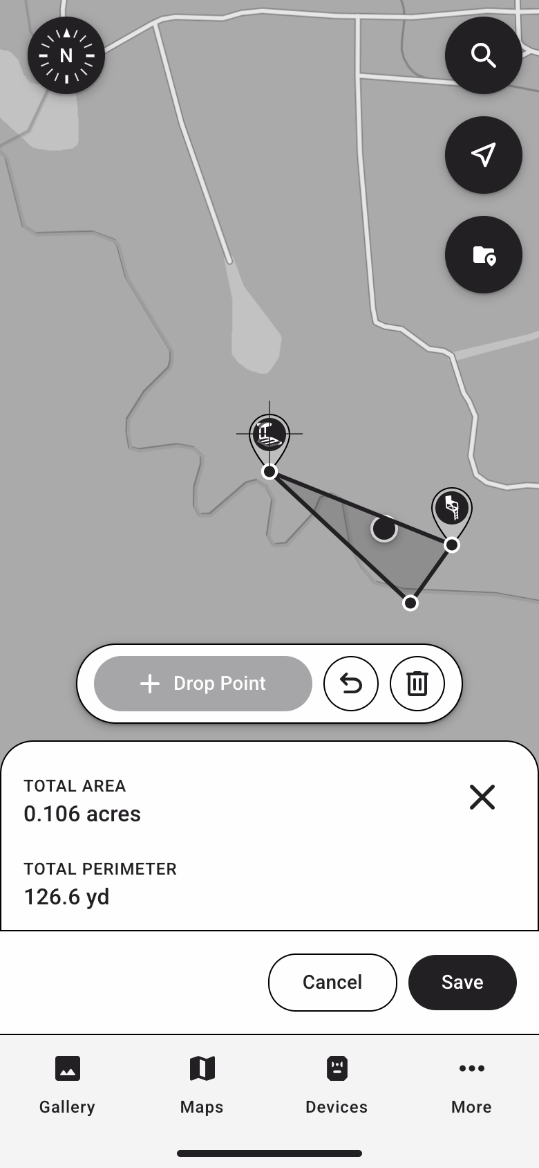 A closed triangular area on the map showing total area of 0.106 acres and a total perimeter of 126.6 yards