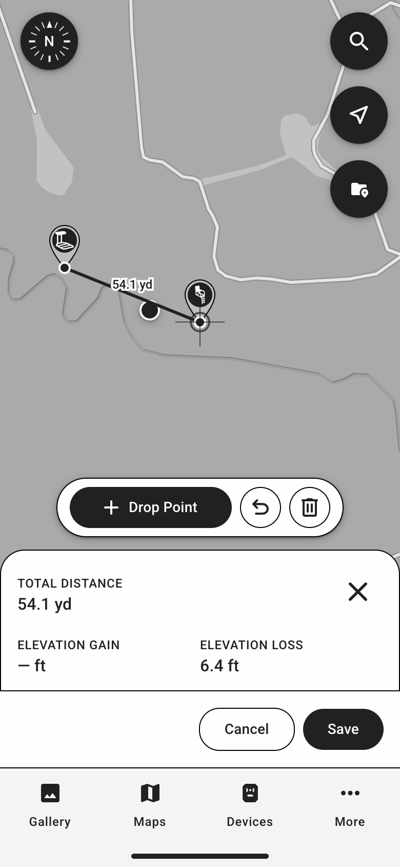 Drawing tool with a line between two stands, showing a total distance of 54.1 yards and elevation loss