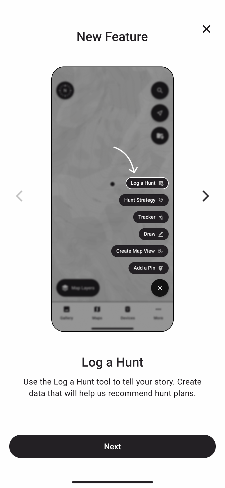 New Feature screen pointing to Log a Hunt in the map tools menu, with copy about creating data to help recommend hunt plans