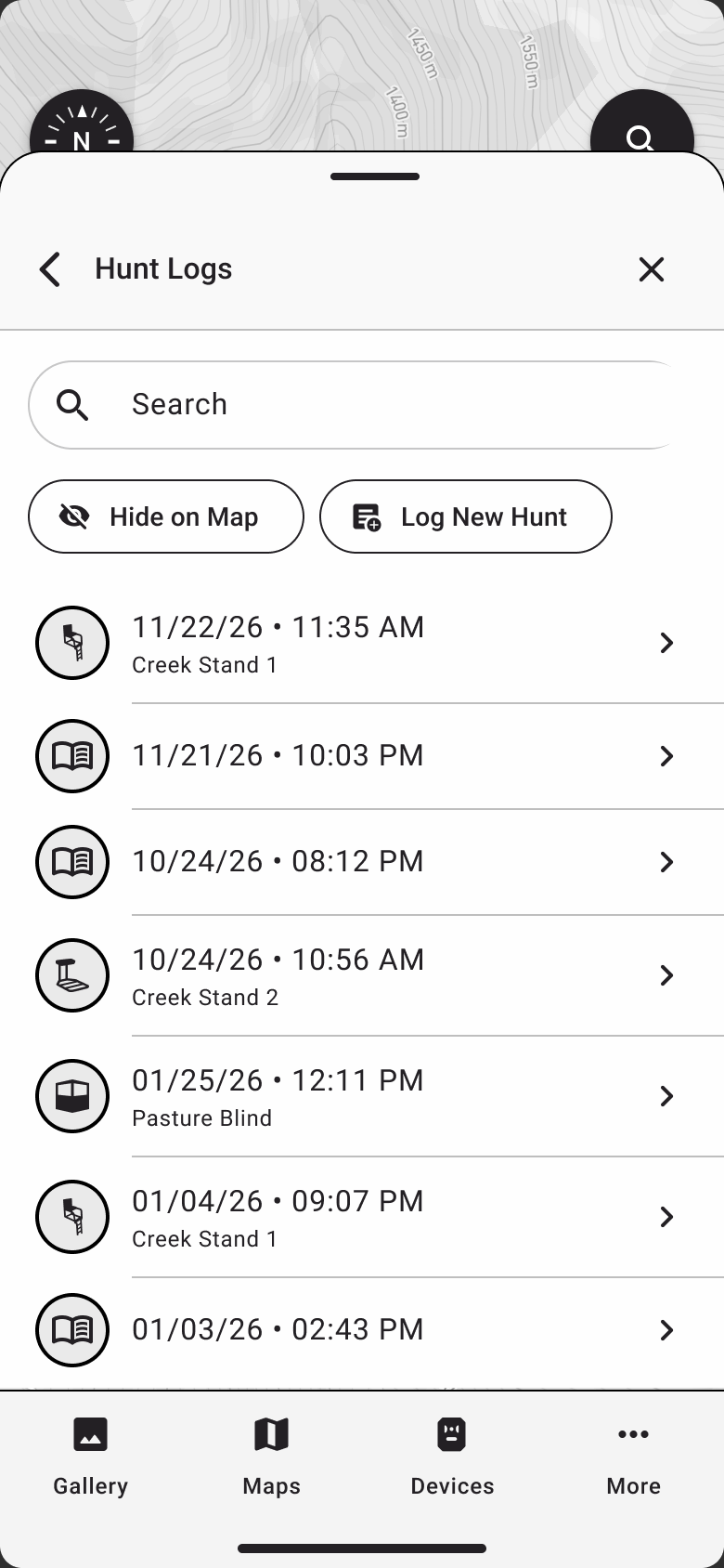Hunt Logs list in My Content with a Log New Hunt button next to Hide on Map