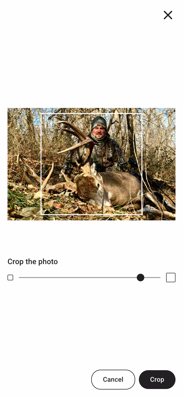Crop the photo screen with a crop frame over a harvest photo and a zoom slider