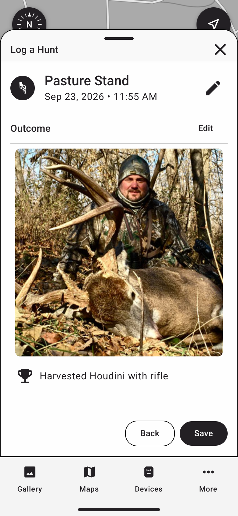 Saved log for Pasture Stand showing the harvest photo and Harvested Houdini with rifle