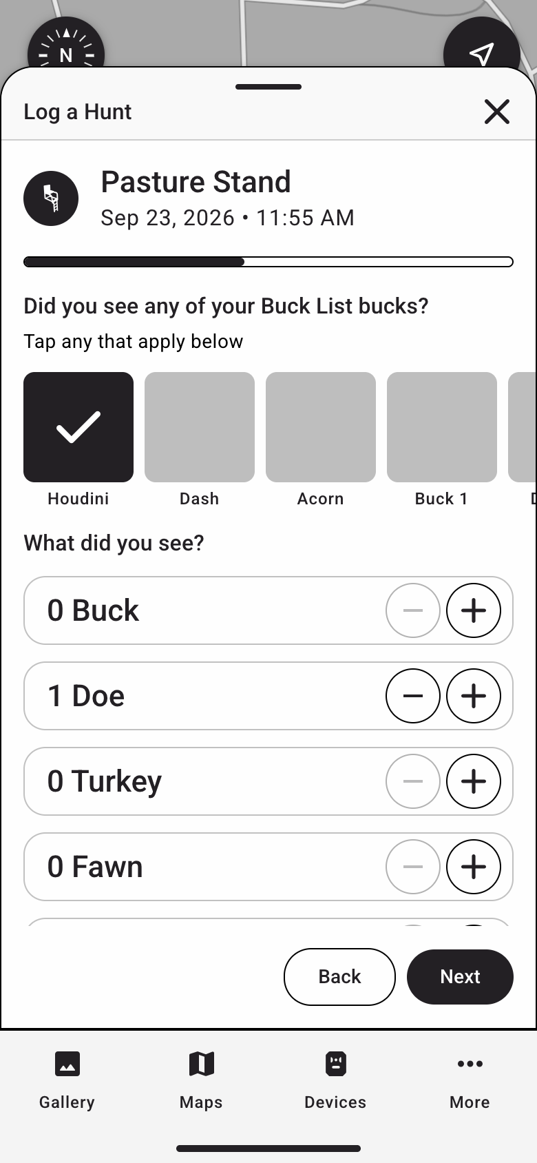 Sightings step asking which Buck List bucks were seen, above separate counters for buck, doe, turkey and fawn