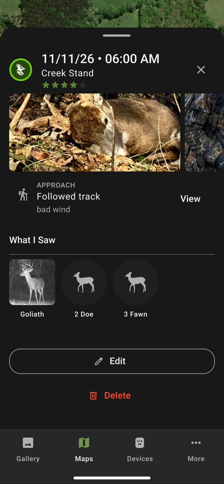 Bottom of a saved log showing approach, What I Saw with Goliath, 2 doe and 3 fawn, and a single Edit button above Delete