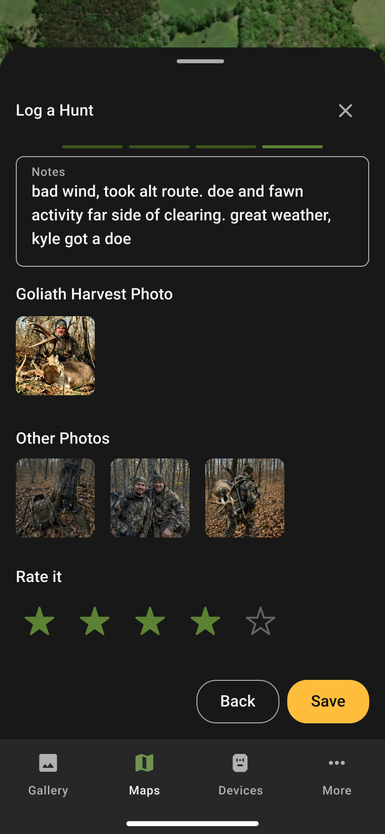 Final Log a Hunt step with notes, a Goliath harvest photo, three other photos, and a five-star Rate it control