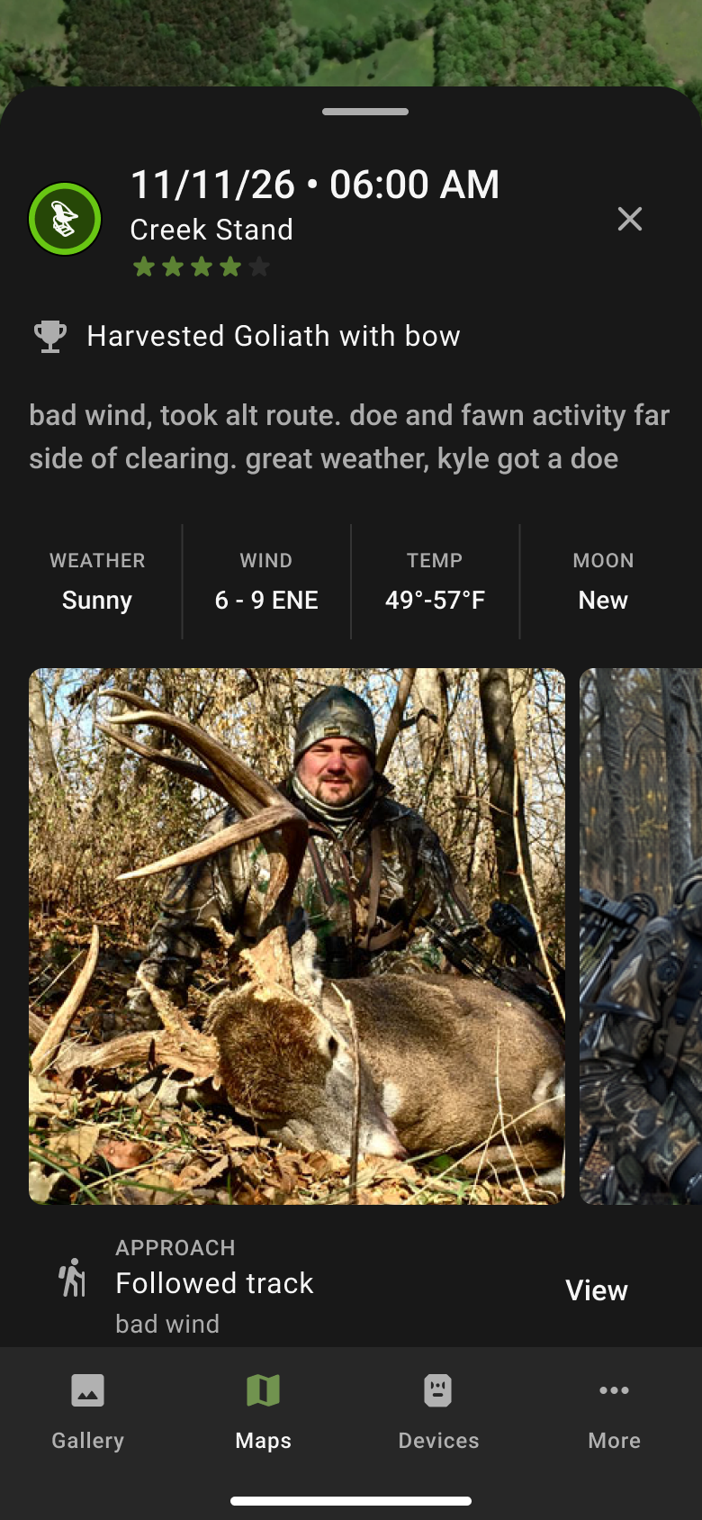 Saved hunt log for Creek Stand showing Harvested Goliath with bow, the hunter's notes, a weather strip with wind, temperature and moon phase, and a harvest photo carousel