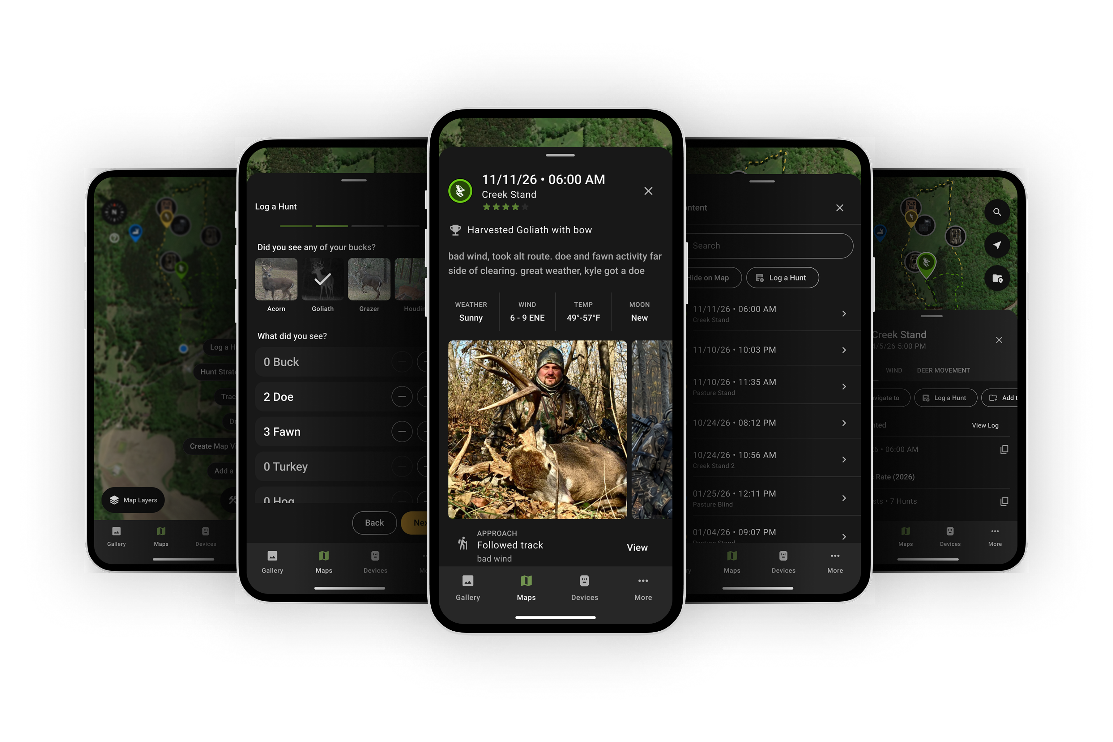 Hunt Log hero. A saved hunt log in the Moultrie app, flanked by the sightings step, the tools menu, the Hunt Logs list and a pin's details