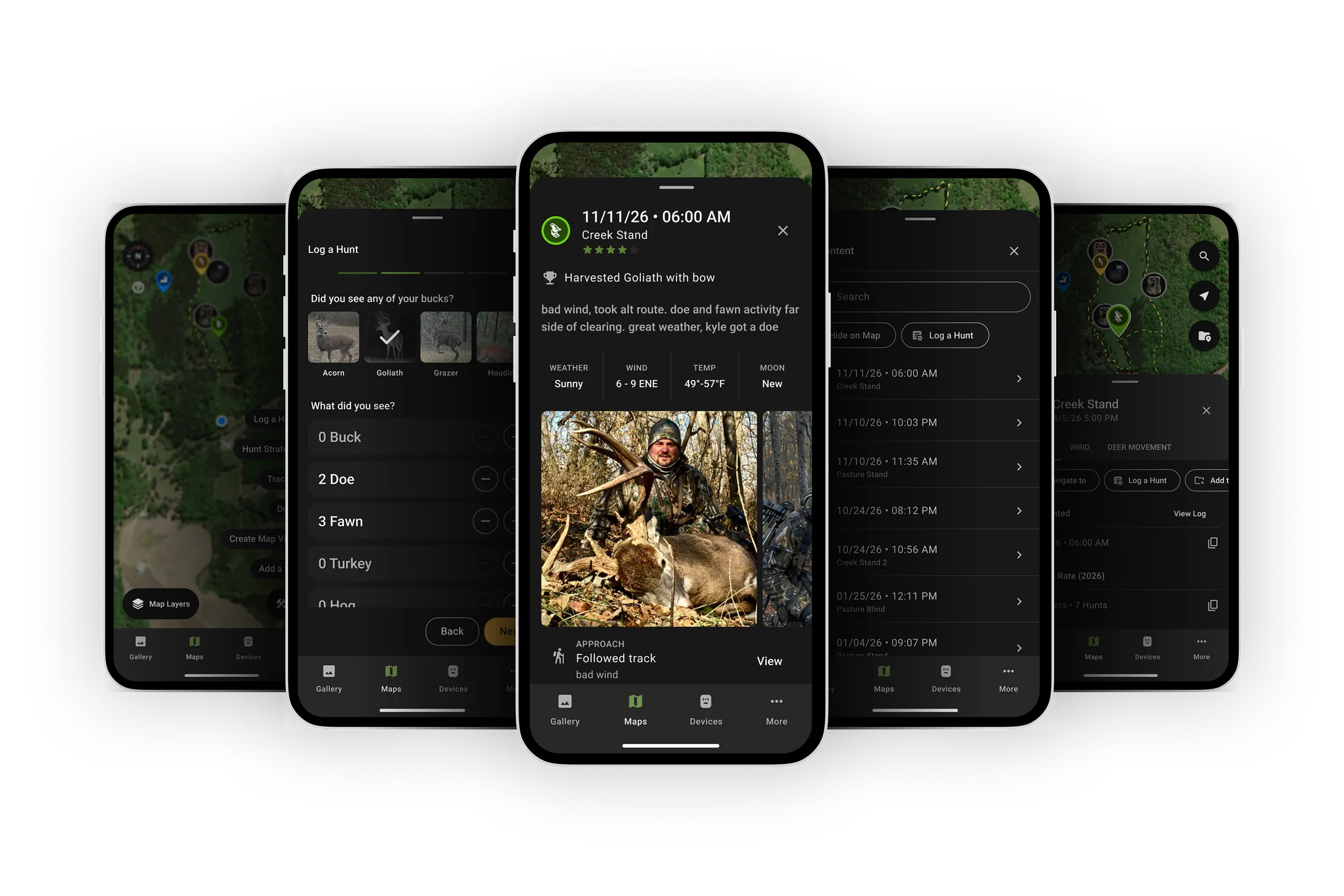 Hunt Log hero. A saved hunt log in the Moultrie app, flanked by the sightings step, the tools menu, the Hunt Logs list and a pin's details