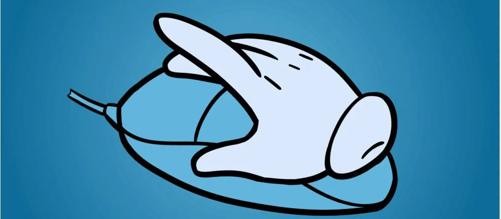 Illustration of a cartoon hand resting on a computer mouse with its index finger raised over the left button