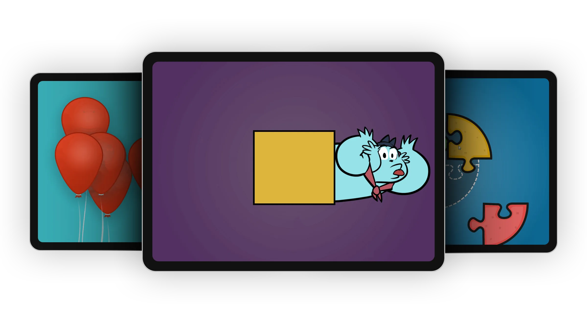Introduction to Computers activities on tablets: popping balloons by clicking, a startled character caught peeking out from behind a square in the mouse-moving game, and a puzzle assembled by dragging pieces