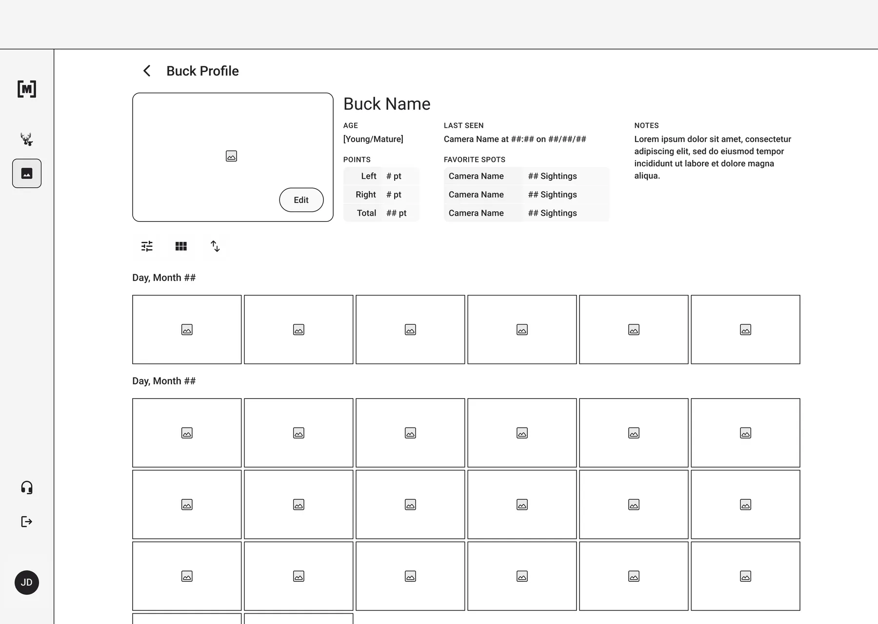 Early lo-fi wireframe of a buck profile screen, with placeholder fields for name, age, points, last seen, favorite spots, and notes above a grid of image placeholders