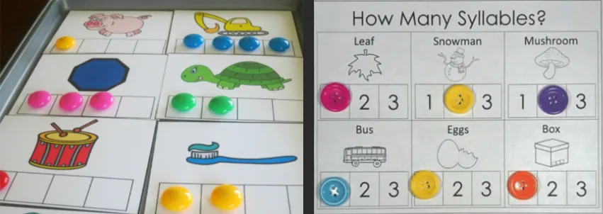Two classroom syllable-counting materials: picture cards with rows of colored counters, and a How Many Syllables worksheet with buttons placed on numbers