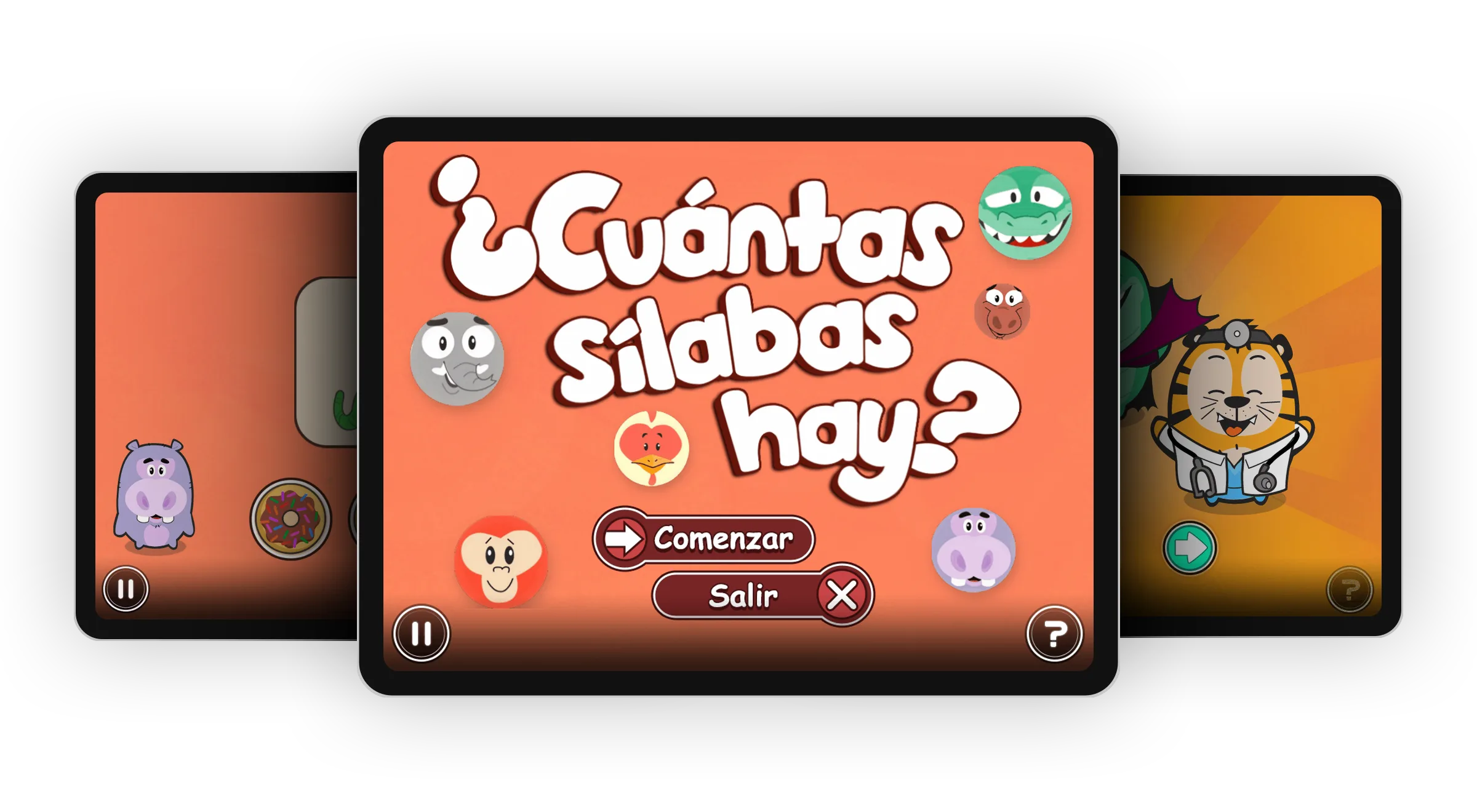 Pre-K Spanish reading activities on tablets: the Counting Syllables activity with a hippo helper, the ¿Cuántas sílabas hay? title screen, and a reward screen of costumed characters