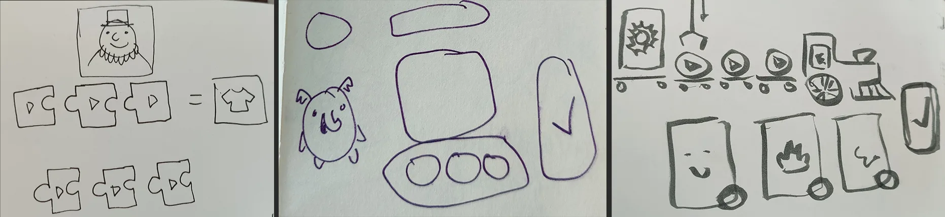 Three rough marker sketches of activity concepts: puzzle pieces building a picture, a character beside a row of counters and a check button, and a train carrying syllable cars