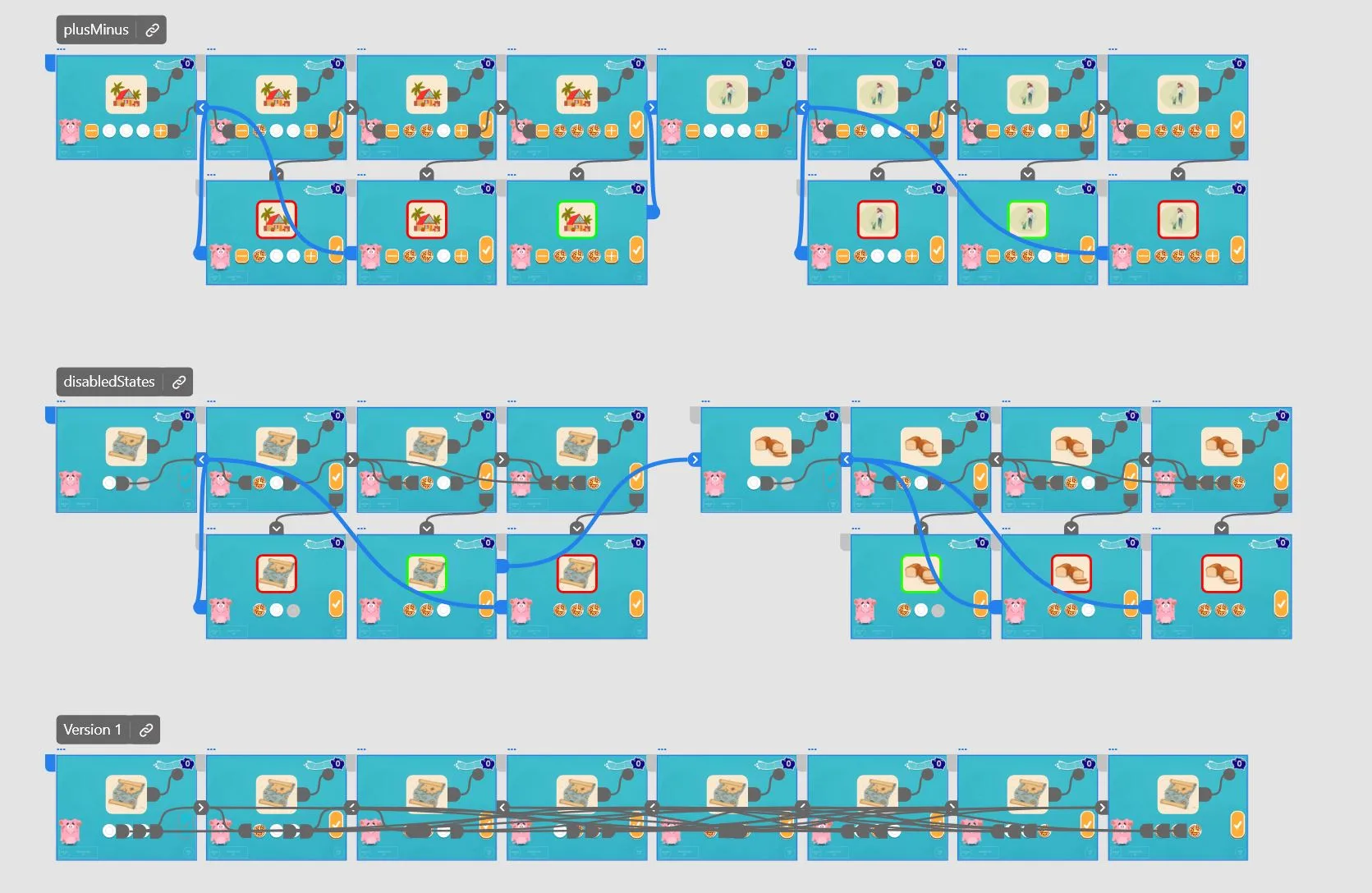 Adobe XD prototype flows for three versions of the Counting Syllables activity, labeled plusMinus, disabledStates and Version 1, with correct and incorrect answer states